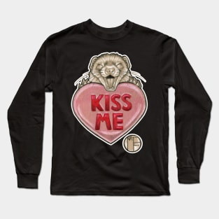 Kiss Me Ferret with Candy Heart - White Outlined Version Long Sleeve T-Shirt